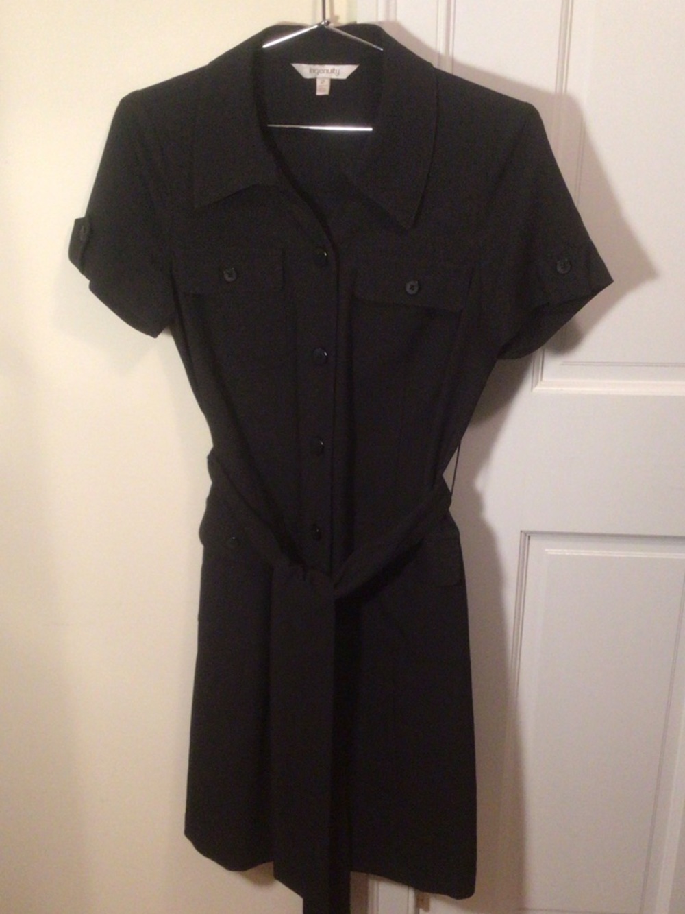 Black Short-Sleeve Shirt Dress with Tie Waist